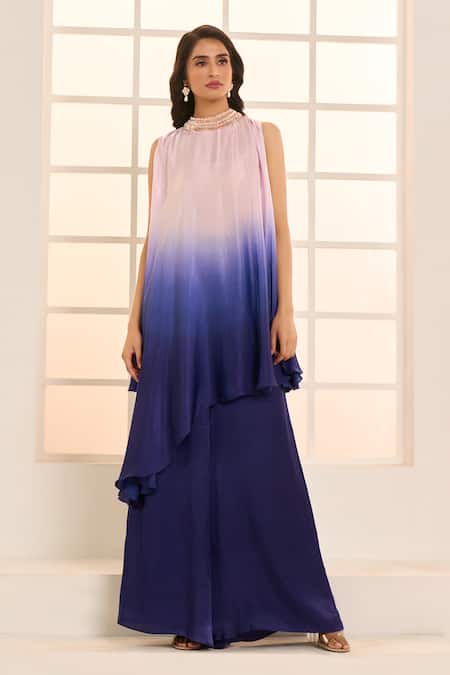 Shop_Masumi Mewawalla X AZA_Purple Gabardine Beads High Neck Ombre Asymmetric Kurta And Flared Pant Set _Online_at_Aza_Fashions