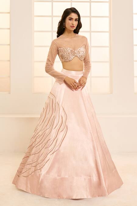 Buy_Masumi Mewawalla X AZA_Rose Gold Net, Silk, Cotton Sequins, Beads, Placement Floral Lehenga Set _Online_at_Aza_Fashions