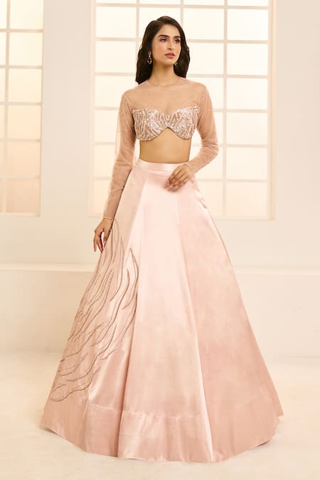 Shop_Masumi Mewawalla X AZA_Rose Gold Net, Silk, Cotton Sequins, Beads, Placement Floral Lehenga Set _Online_at_Aza_Fashions