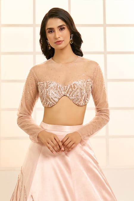 Masumi Mewawalla X AZA_Rose Gold Net, Silk, Cotton Sequins, Beads, Placement Floral Lehenga Set _at_Aza_Fashions