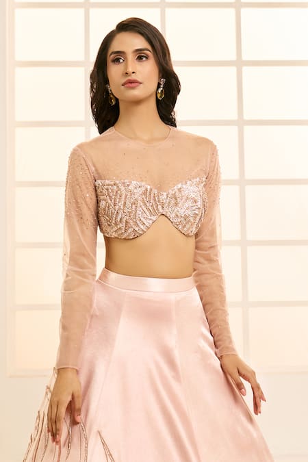 Buy_Masumi Mewawalla X AZA_Rose Gold Net, Silk, Cotton Sequins, Beads, Placement Floral Lehenga Set 