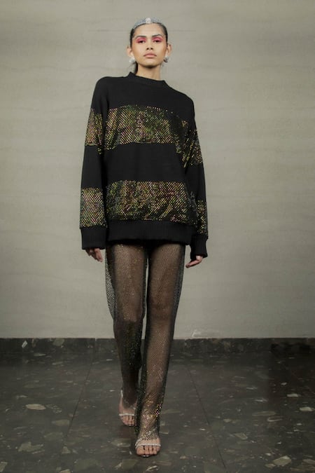 POOJA SHROFF Black Jersey Embroidery Rhinestone Round Sweatshirt 