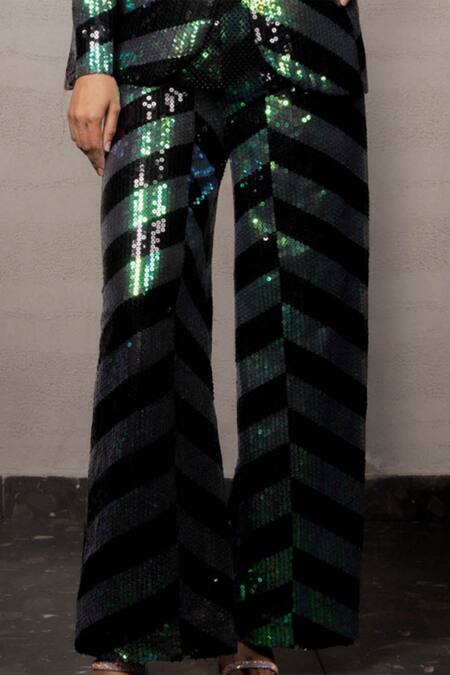 Shop_Pooja Shroff_Black Net Sequins Shawl Neck Shimmer Embroidered Suit And Pant Set_Online_at_Aza_Fashions