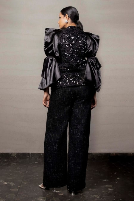Shop Pooja Shroff Black Tweed, Linen Sequins V-neck Embroidered Flounced Sleeve Jacket at Aza Fashions Shop_Pooja Shroff_Black Tweed, Linen Sequins V-neck Embroidered Flounced Sleeve Jacket_at_Aza_Fashions