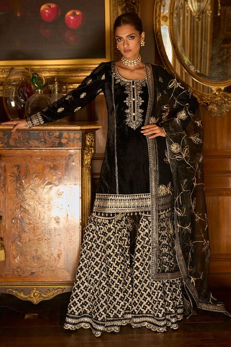 Brown Micro Velvet Embroidery Work Sharara Suit With Dupatta