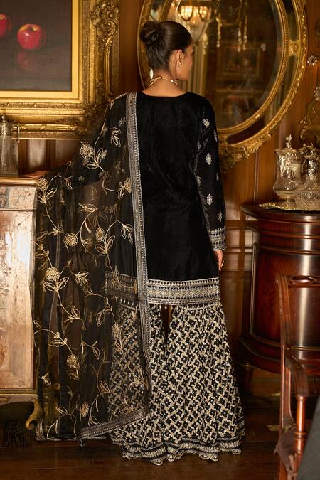 Shop_Lashkaraa_Black Velvet, Net, Satin Sequins, Zari, Embroidery Scoop Neck Kurta Sharara Set_at_Aza_Fashions