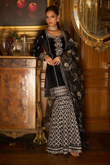 Lashkaraa_Black Velvet, Net, Satin Sequins, Zari, Embroidery Scoop Neck Kurta Sharara Set_Online_at_Aza_Fashions