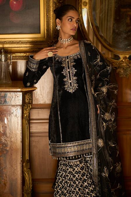 Buy_Lashkaraa_Black Velvet, Net, Satin Sequins, Zari, Embroidery Scoop Neck Kurta Sharara Set_Online_at_Aza_Fashions