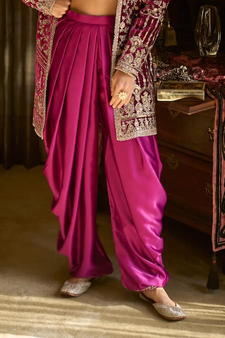 Buy_Lashkaraa_Magenta Satin, Velvet Sequins, Stones, Zari Embroidered Dhoti Pant And Jacket Set _Online_at_Aza_Fashions