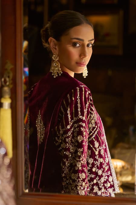 Shop_Lashkaraa_Magenta Satin, Velvet Sequins, Stones, Zari Embroidered Dhoti Pant And Jacket Set _Online_at_Aza_Fashions