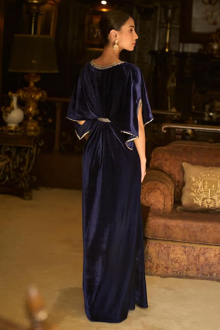 Lashkaraa Blue Velvet Embroidered Kaftan 