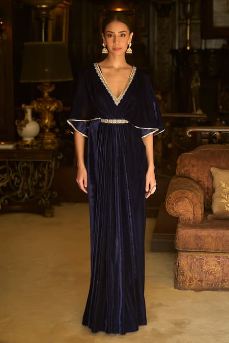 Buy_Lashkaraa_Blue Velvet Sequins, Stones, Zari V-neck Embroidered Kaftan _Online_at_Aza_Fashions