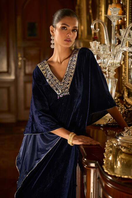 Buy_Lashkaraa_Blue Velvet, Linen Sequins, Stones V-neck Embroidered Kaftan_Online_at_Aza_Fashions