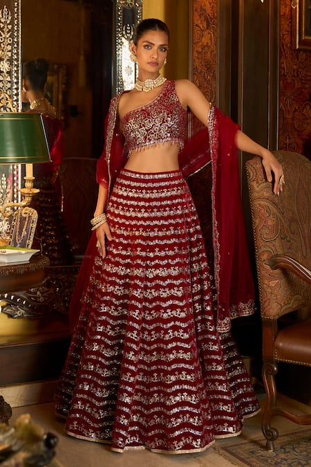 LASHKARAA Velvet Embroidered Lehenga Set 