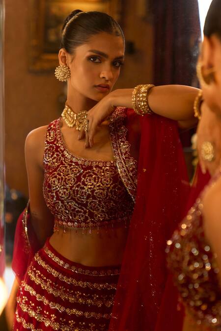 Buy_Lashkaraa_Red Velvet, Net, Satin Zari, Sequins, Embroidery, Stones One Lehenga Set_Online_at_Aza_Fashions