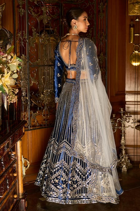Lashkaraa Blue Velvet, Net, Satin Zari, Sequins, Stones, Embroidery And Lehenga Set Online at Aza Fashions Lashkaraa_Blue Velvet, Net, Satin Zari, Sequins, Stones, Embroidery And Lehenga Set _Online_at_Aza_Fashions