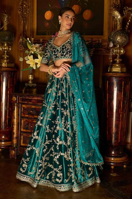 Lashkaraa_Blue Velvet, Net Sequins, Stones, Zari Teal Floral Embroidered Lehenga Set_Online_at_Aza_Fashions