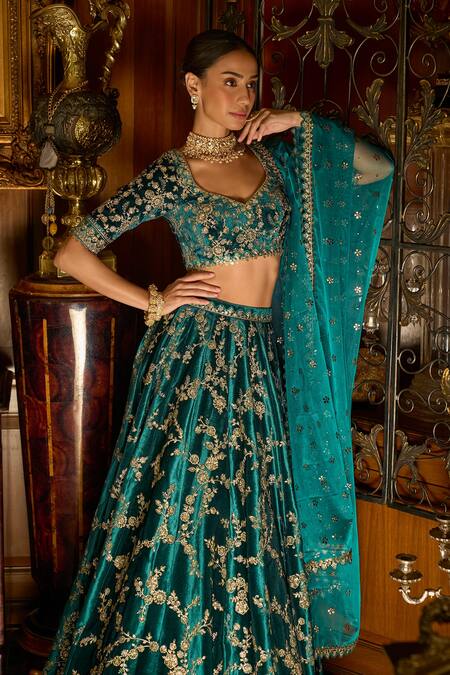 Buy_Lashkaraa_Blue Velvet, Net Sequins, Stones, Zari Teal Floral Embroidered Lehenga Set_Online_at_Aza_Fashions