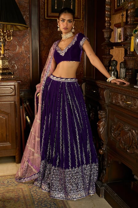 Lashkaraa Purple Velvet, Net Sequins, Stones, Zari Asymmetric Embroidered Lehenga Set Online at Aza Fashions Lashkaraa_Purple Velvet, Net Sequins, Stones, Zari Asymmetric Embroidered Lehenga Set_Online_at_Aza_Fashions