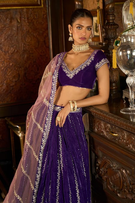 Buy Lashkaraa Purple Velvet, Net Sequins, Stones, Zari Asymmetric Embroidered Lehenga Set Online at Aza Fashions Buy_Lashkaraa_Purple Velvet, Net Sequins, Stones, Zari Asymmetric Embroidered Lehenga Set_Online_at_Aza_Fashions