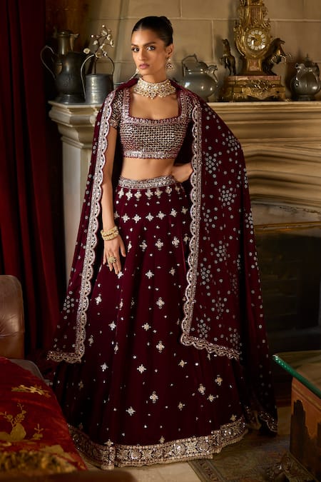 FABPIXEL Maroon & Gold-Toned Embroidered Semi-Stitched Lehenga & Unstitched  Blouse With Dupatta - Absolutely Desi