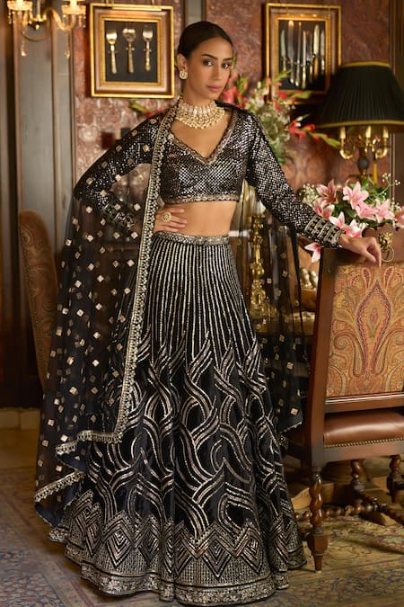 Buy Black Dupion Embroidered Mirrorwork Embellished Blouse Lehenga Set For  Women by Vandana Sethi Online at Aza Fashions.
