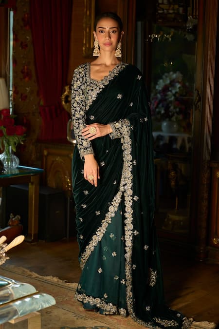 Lashkaraa_Green Velvet, Linen Sequins, Zari, Embroidered Pre-draped Saree And Blouse Set_Online_at_Aza_Fashions