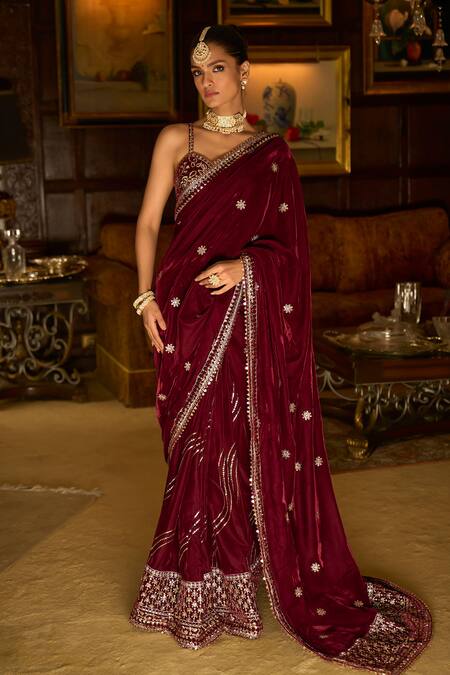 Burgundy Embroidered Velvet Saree – Lashkaraa