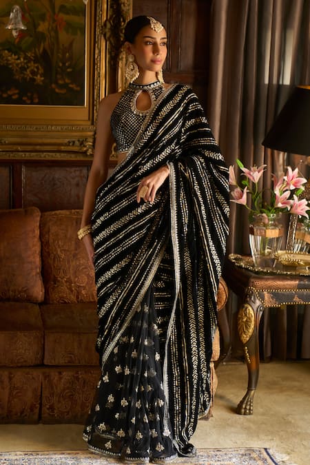 Buy_Lashkaraa_Black Velvet, Satin, Net Sequins, Stones, Zari Embroidered Pre-draped Saree Set _Online_at_Aza_Fashions