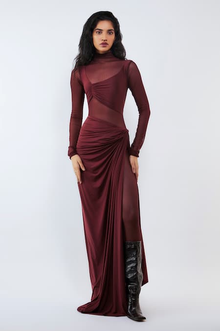 Deme By Gabriella_Red Net, Lycra High Neck Gloria Slit Dress _Online_at_Aza_Fashions