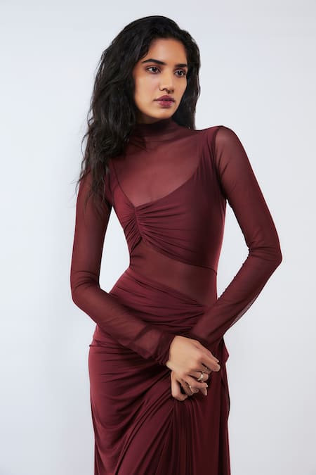 Buy_Deme By Gabriella_Red Net, Lycra High Neck Gloria Slit Dress _Online_at_Aza_Fashions