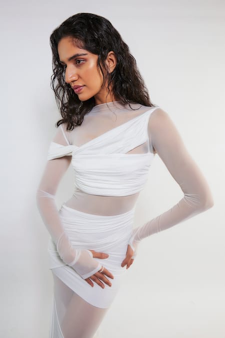 Buy_Deme By Gabriella_White Net, Lycra High Neck Sarah Maxi Dress _Online_at_Aza_Fashions