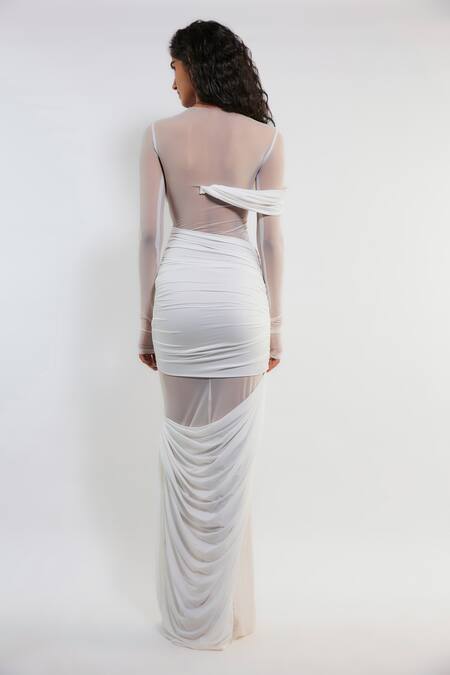 Deme By Gabriella_White Net, Lycra High Neck Sarah Maxi Dress _at_Aza_Fashions