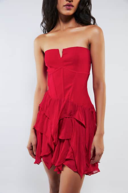Buy Deme By Gabriella Red Chiffon, Microfiber Ruffles Bandeau Neck Shelley Solid Corset Dress Online at Aza Fashions Buy_Deme By Gabriella_Red Chiffon, Microfiber Ruffles Bandeau Neck Shelley Solid Corset Dress _Online_at_Aza_Fashions