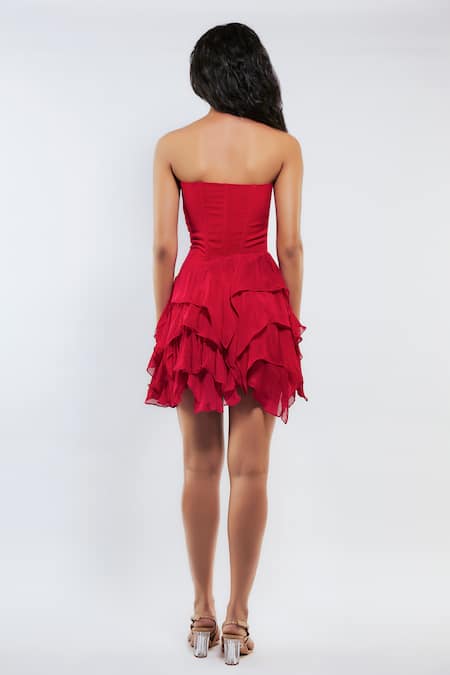 Shop Deme By Gabriella Red Chiffon, Microfiber Ruffles Bandeau Neck Shelley Solid Corset Dress Online at Aza Fashions Shop_Deme By Gabriella_Red Chiffon, Microfiber Ruffles Bandeau Neck Shelley Solid Corset Dress _Online_at_Aza_Fashions
