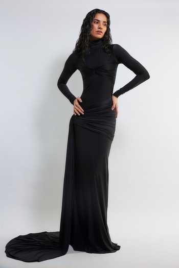Deme By Gabriella Black Lycra Turtle Neck Alyson Draped Gown Online at Aza Fashions Deme By Gabriella_Black Lycra Turtle Neck Alyson Draped Gown _Online_at_Aza_Fashions