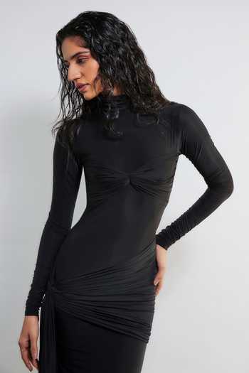 Buy Deme By Gabriella Black Lycra Turtle Neck Alyson Draped Gown Online at Aza Fashions Buy_Deme By Gabriella_Black Lycra Turtle Neck Alyson Draped Gown _Online_at_Aza_Fashions