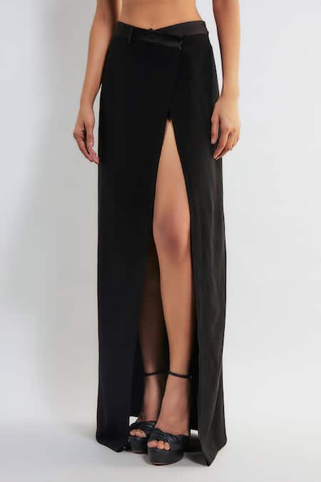 Deme By Gabriella_Black Faux Leather Plunge Neck Morena Ferrari Blazer Overlapped Skirt Set _Online_at_Aza_Fashions