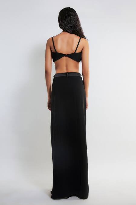 Buy_Deme By Gabriella_Black Faux Leather Plunge Neck Morena Ferrari Blazer Overlapped Skirt Set _Online_at_Aza_Fashions