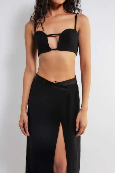 Deme By Gabriella_Black Faux Leather Plunge Neck Morena Ferrari Blazer Overlapped Skirt Set _at_Aza_Fashions