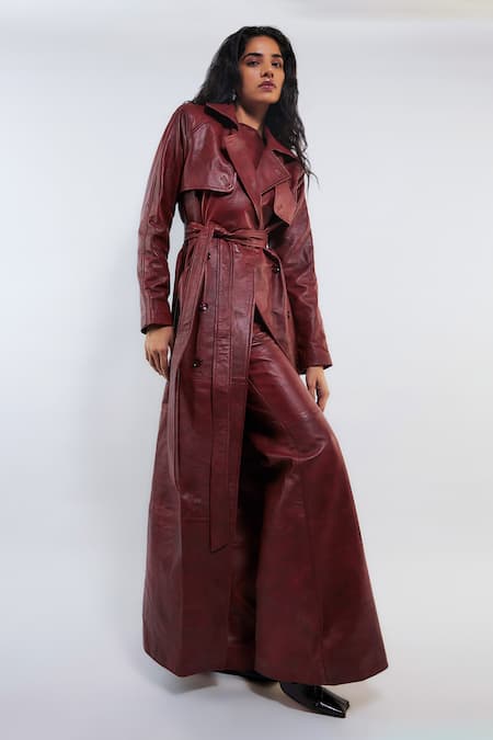 Deme by Gabriella Red Leather Plain Lapel Collar Ellen Trench Coat Pant Set 