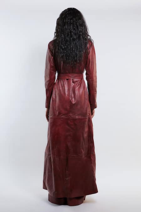 Shop_Deme By Gabriella_Red Leather, Net Collared Ellen Trench Coat Pant Set _at_Aza_Fashions
