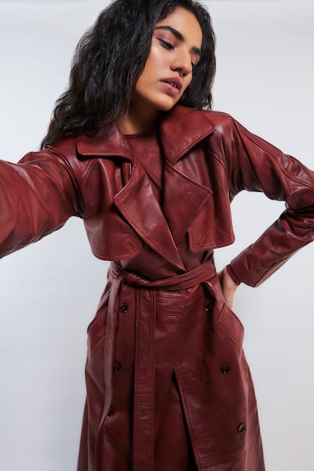 Deme By Gabriella_Red Leather, Net Collared Ellen Trench Coat Pant Set _Online_at_Aza_Fashions