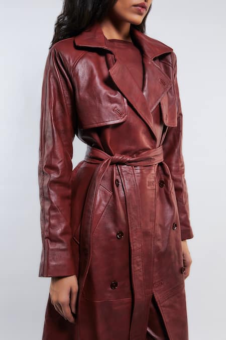 Buy_Deme By Gabriella_Red Leather, Net Collared Ellen Trench Coat Pant Set _Online_at_Aza_Fashions
