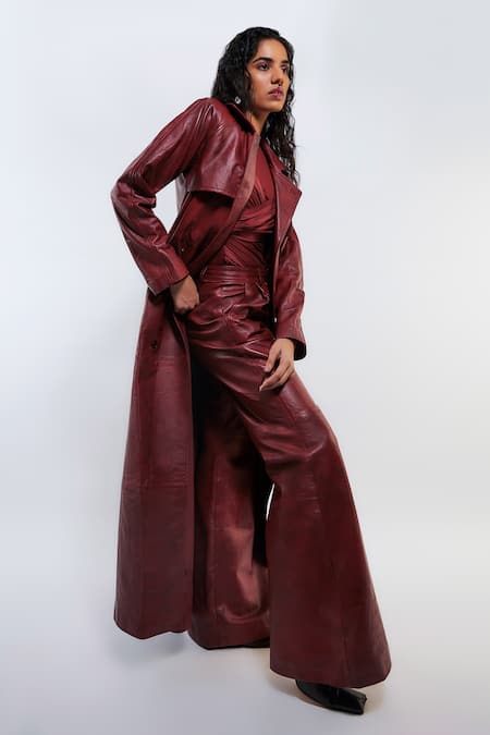 Deme By Gabriella_Red Leather, Net Collared Ellen Trench Coat Pant Set _at_Aza_Fashions
