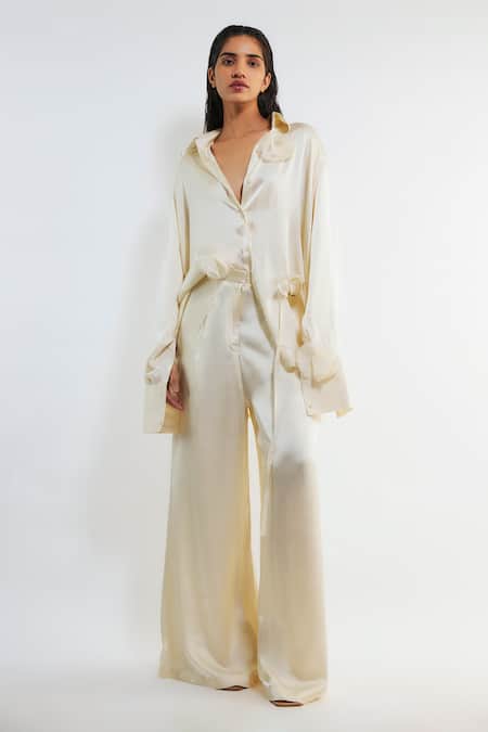 Deme By Gabriella Angela Satin Floral Applique Shirt & Pant Set 