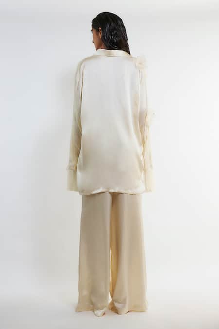 Deme By Gabriella Angela Satin Floral Applique Shirt & Pant Set 