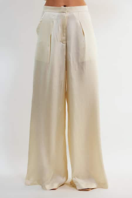 Shop_Deme By Gabriella_Ivory Satin Fabric Flowers Collared Angela Floral Applique Shirt And Pant Set _Online_at_Aza_Fashions