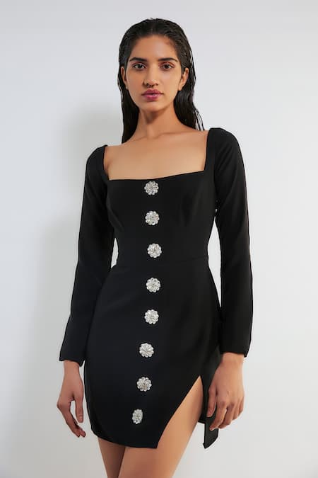 Deme By Gabriella_Black Faux Leather Embroidery Square Neck Andie Embellished Short Dress _Online_at_Aza_Fashions