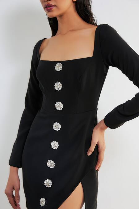 Buy_Deme By Gabriella_Black Faux Leather Embroidery Square Neck Andie Embellished Short Dress _Online_at_Aza_Fashions